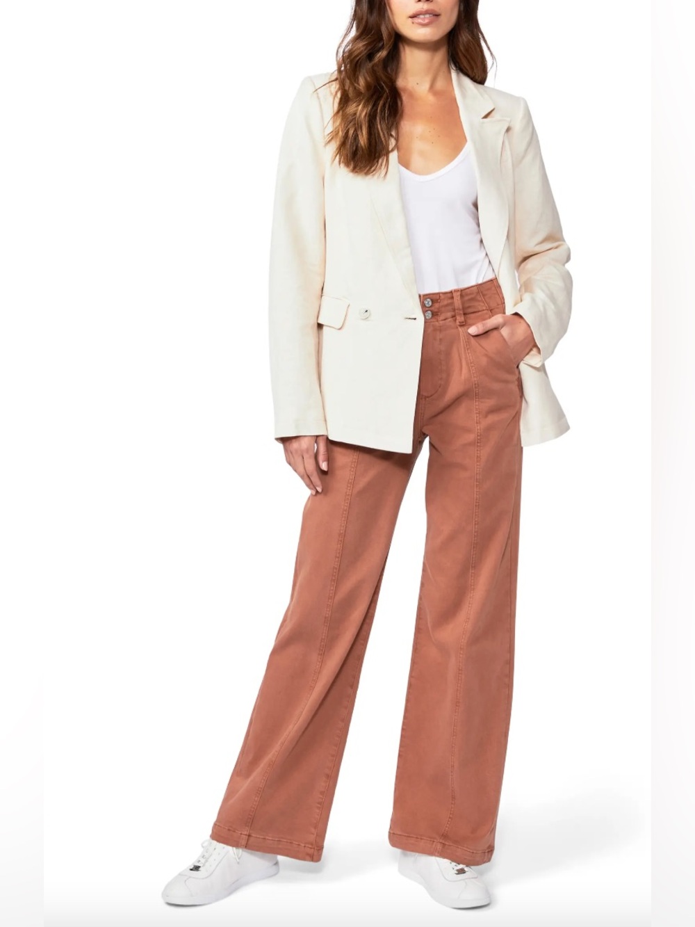 PAIGE Brooklyn Double Button Waistband Wide Leg Jeans Vintage Mocha Bisque 32